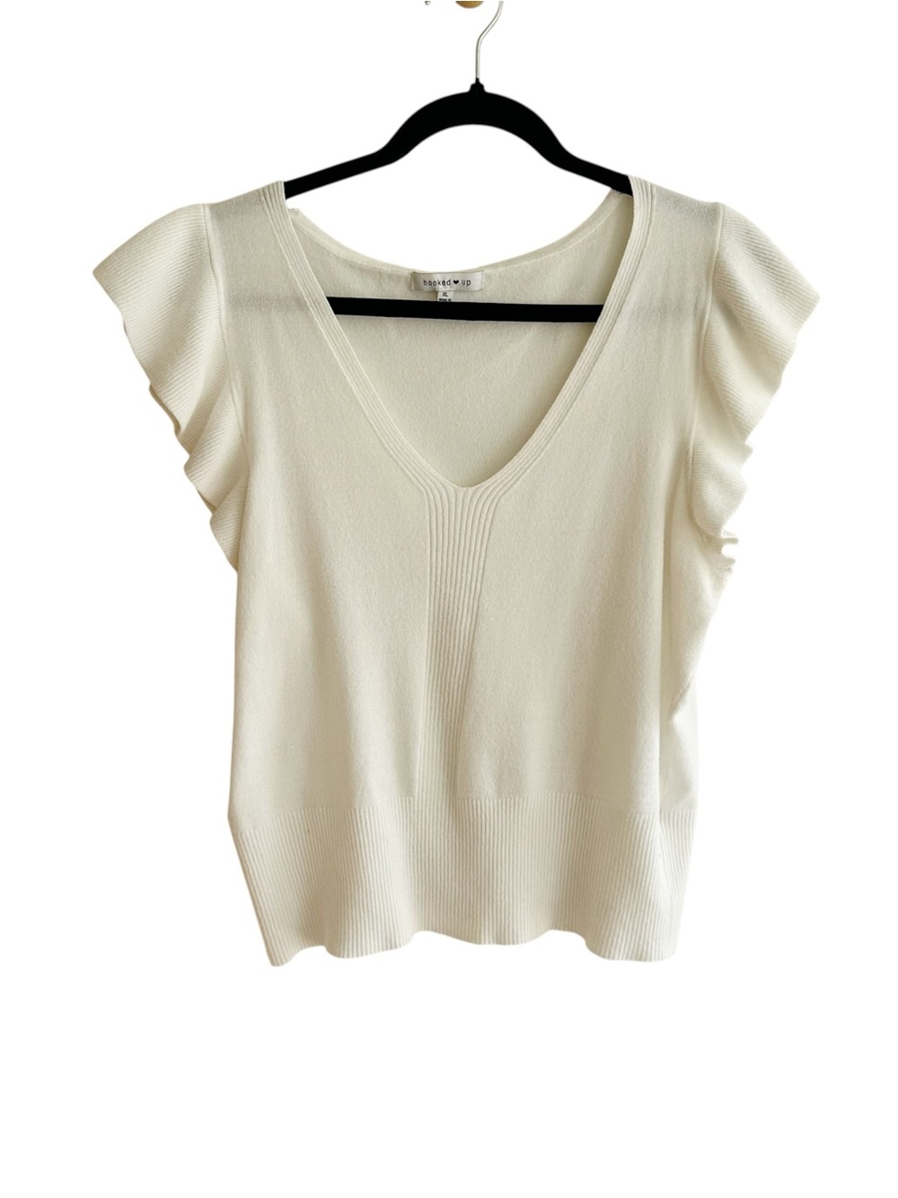 Hooked Up by IOT V-Neck Flutter Sleeve Knit Sweater Top